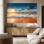 Golden Sunset Beach Triptych Canvas Art, Giclee Coastal Wall Decor, Ocean Waves Print