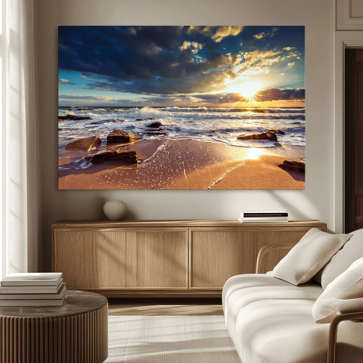 Golden Hour Beach Sunset Canvas Triptych, Ocean Waves and Rocks Wall Art