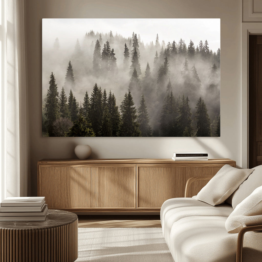 Foggy Mountain Wall Art | 3-Panel Foggy Forest and Mountain Landscape Canvas Print