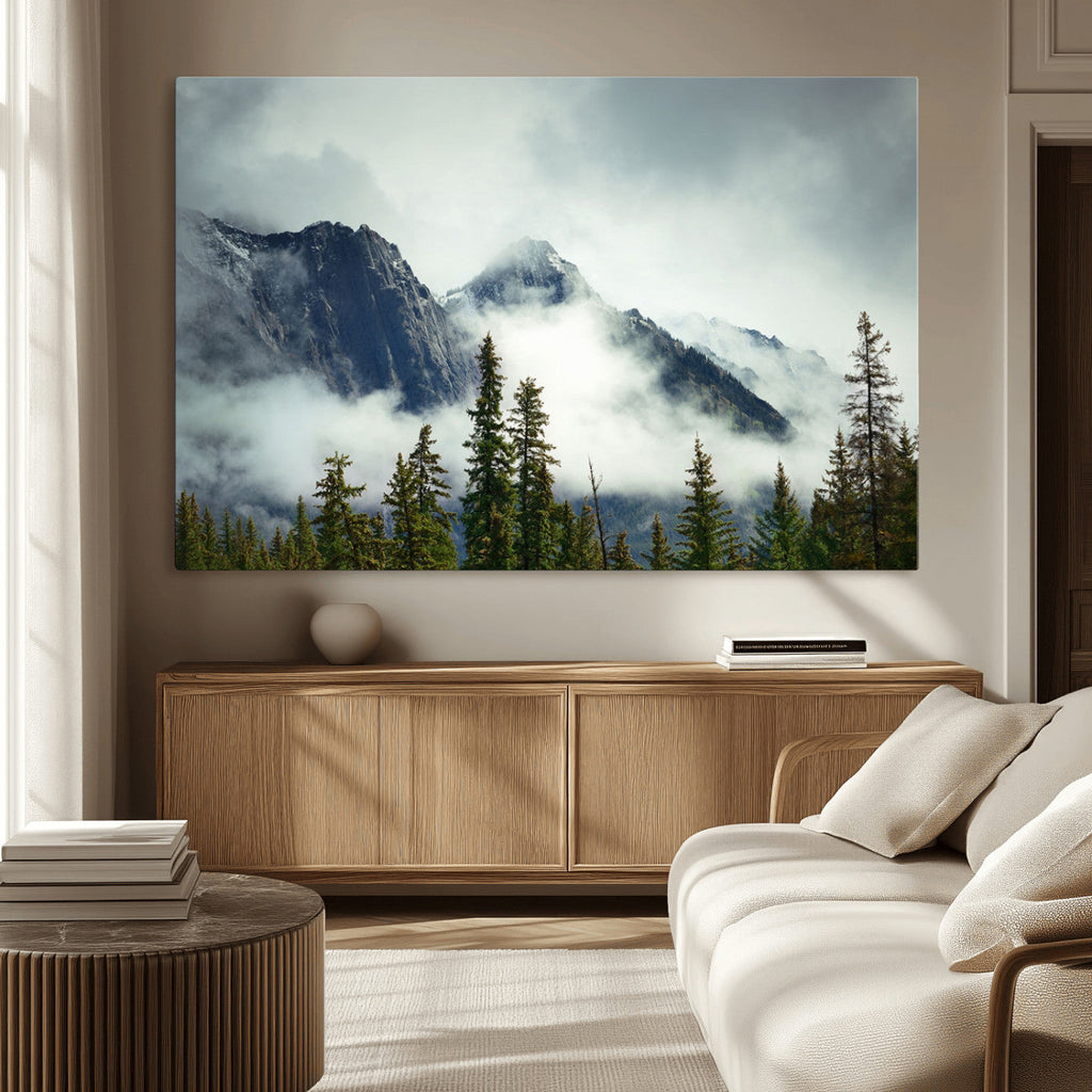 Mountain Mist Canvas Wall Art Print | 3-Panel Foggy Forest and Mountain Landscape