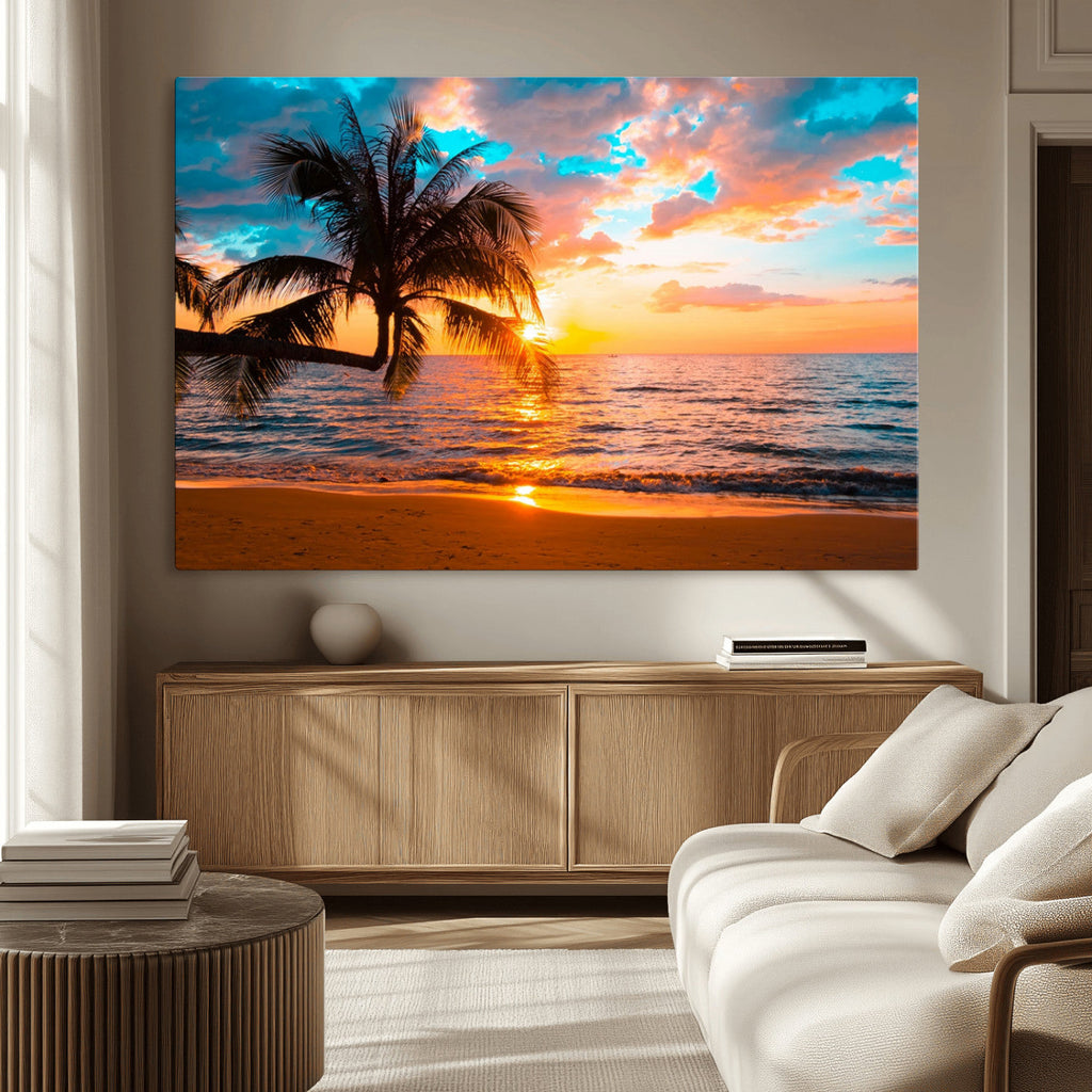 Palm Tree Sunset On The Beach Wall Art Canvas, Framed Palm Tree Sunset Canvas Print