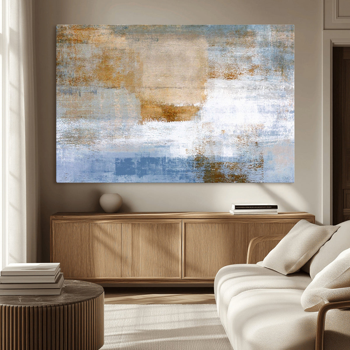 Blue Multi Panel Abstract Wall Art Canvas, Abstract Blue and Gold Canvas Print