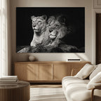 Lion Couple Wall Art Canvas Print, Elegant Black and White Wildlife Portrait