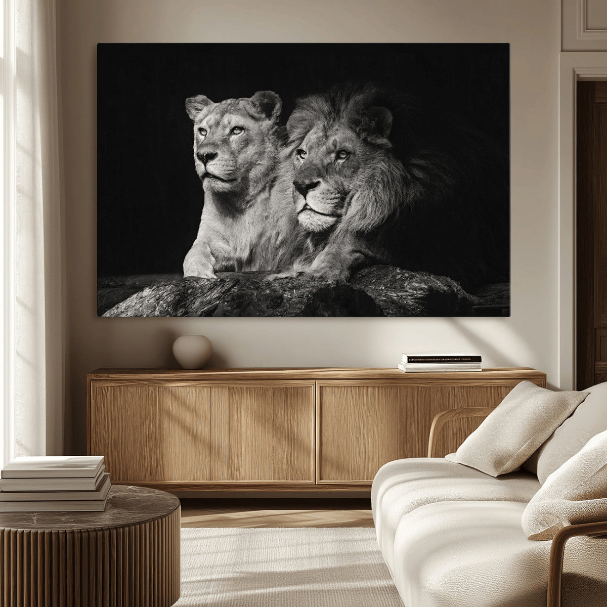 Lion Couple Wall Art Canvas Print, Elegant Black and White Wildlife Portrait