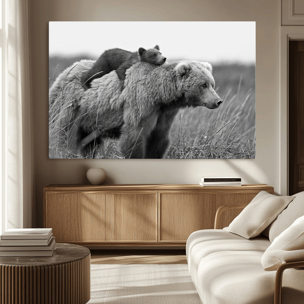 Bear and Cub Wall Art Canvas | Grizzly 399 Bear and Cub Black and White Wildlife Print