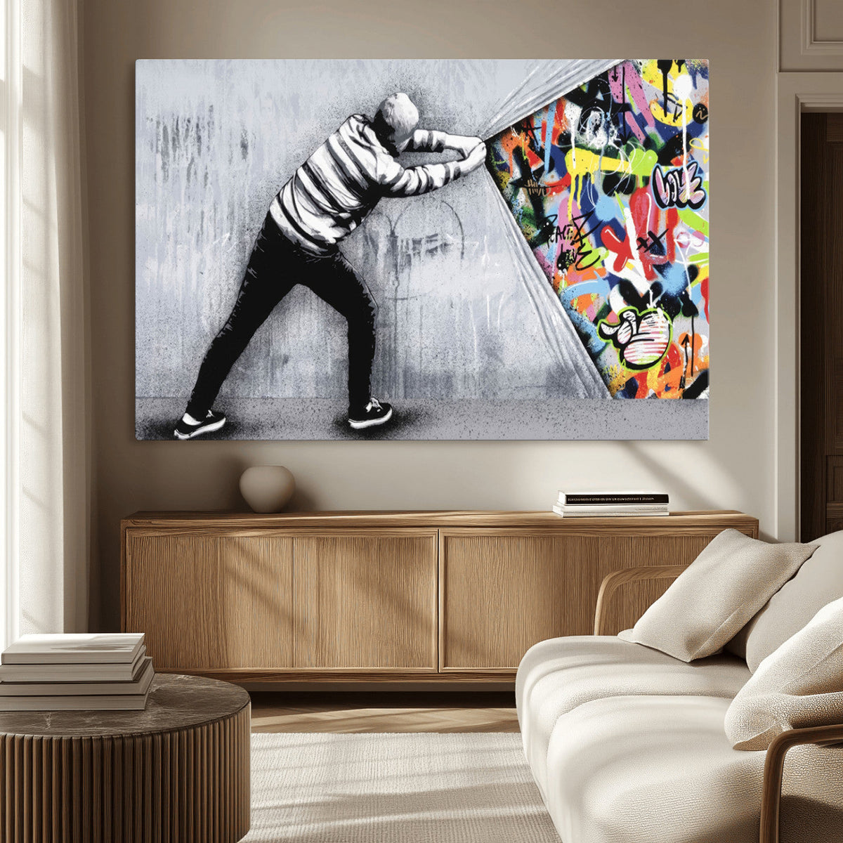 Banksy Art Behind the Curtain Street Wall Art Canvas Print | Urban Graffiti Style Wall Decor