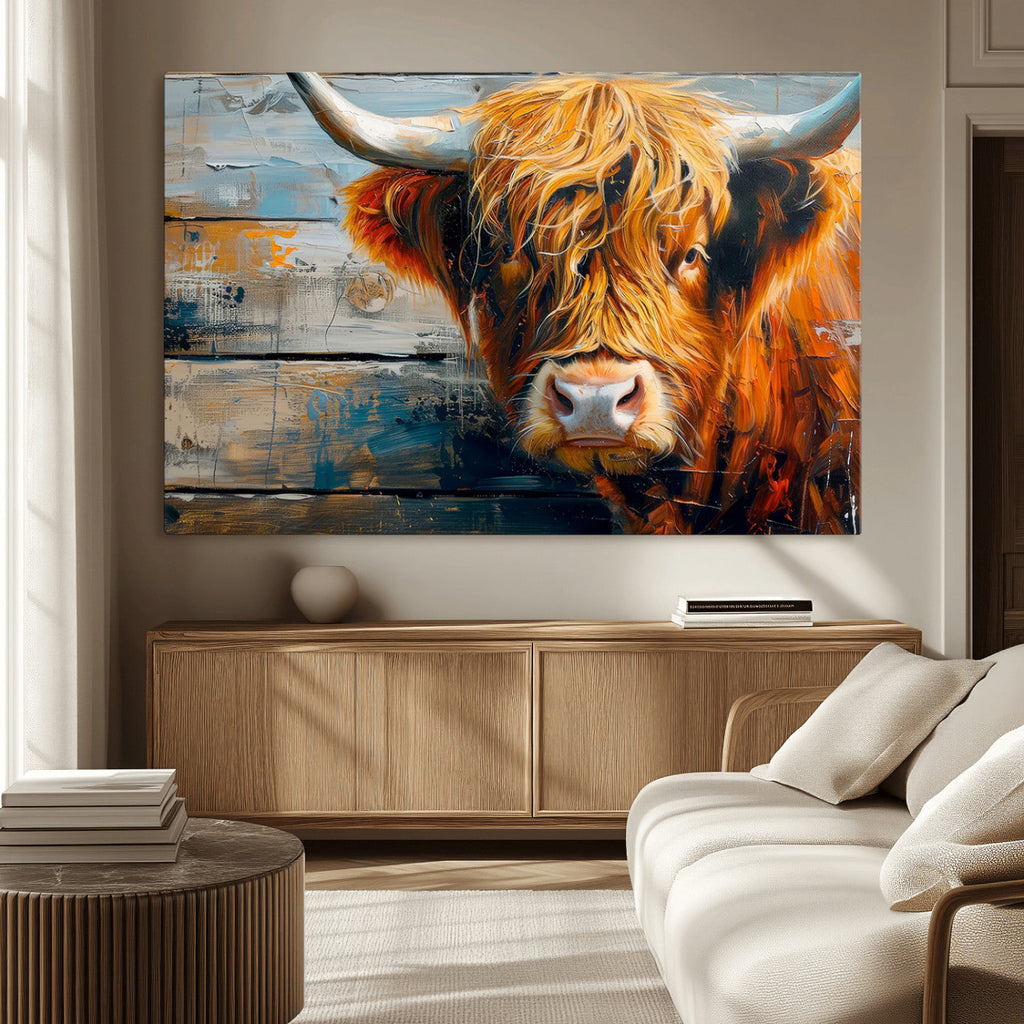 Highland Cow Abstract Canvas Wall Art, Bold Farmhouse Decor