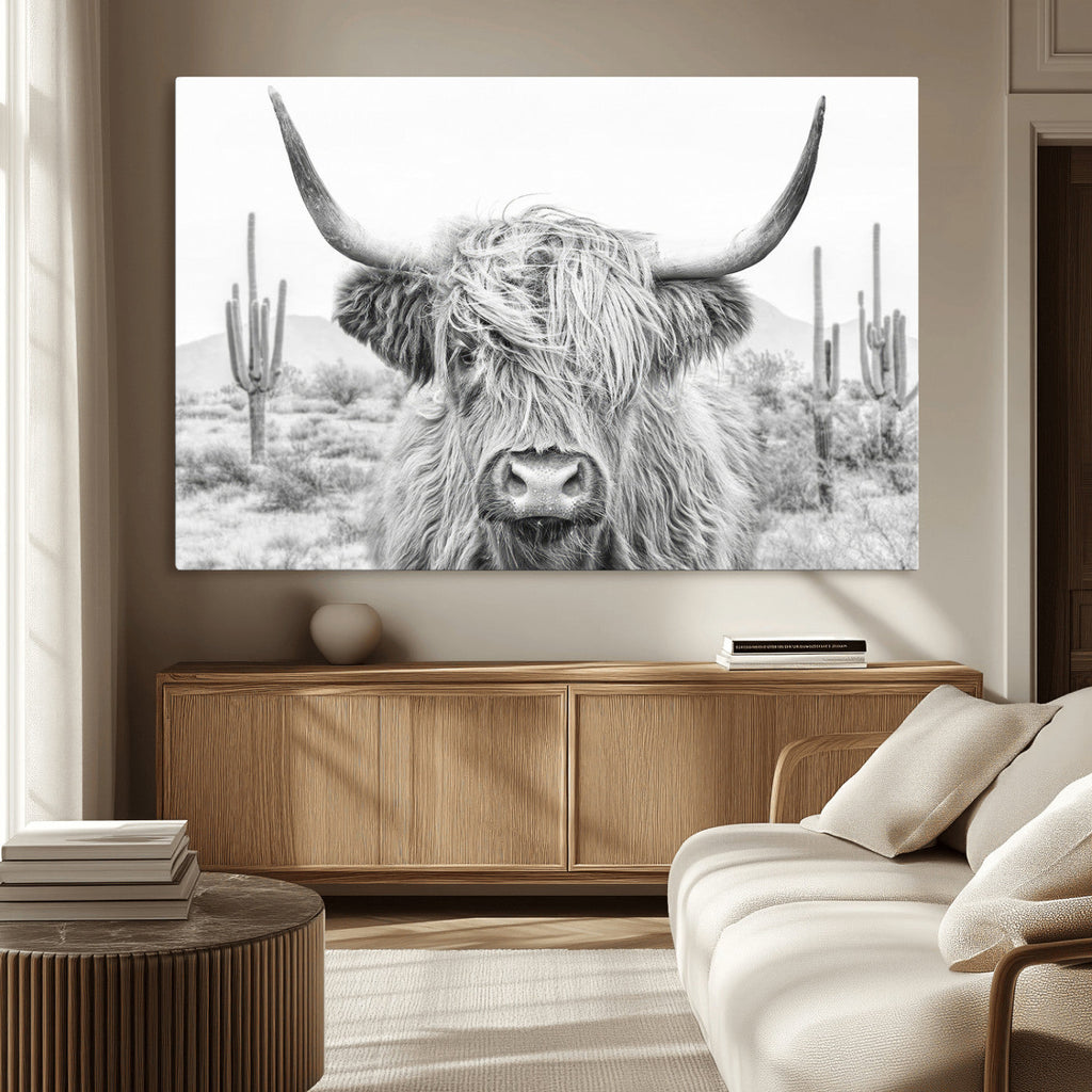 Rustic Charm, Cow Longhorn Black White Bighorn Wall Art