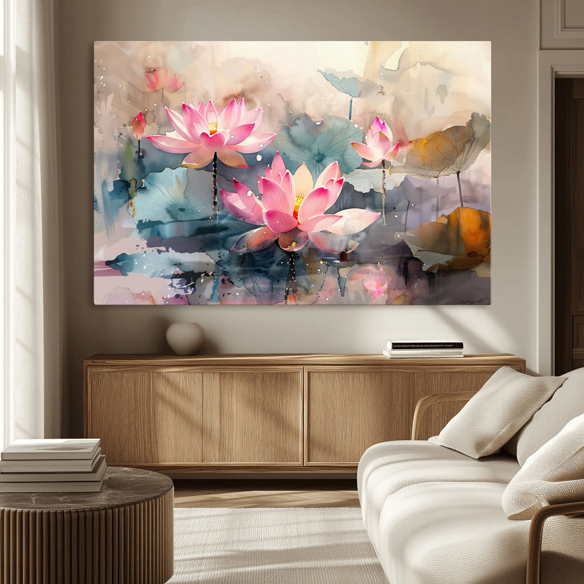 Lotus Flower Wall Art | 3 Panel Giclee Canvas Print of Pink Lotus Blossoms