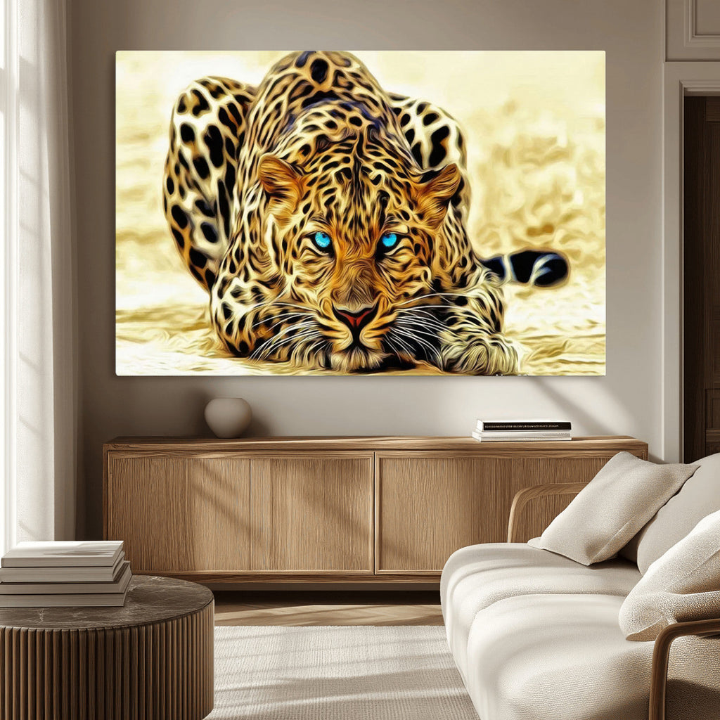 Blue-Eyed Leopard Canvas Wall Art, Framed Animal Print, Fierce and Bold Decor for Living Rooms