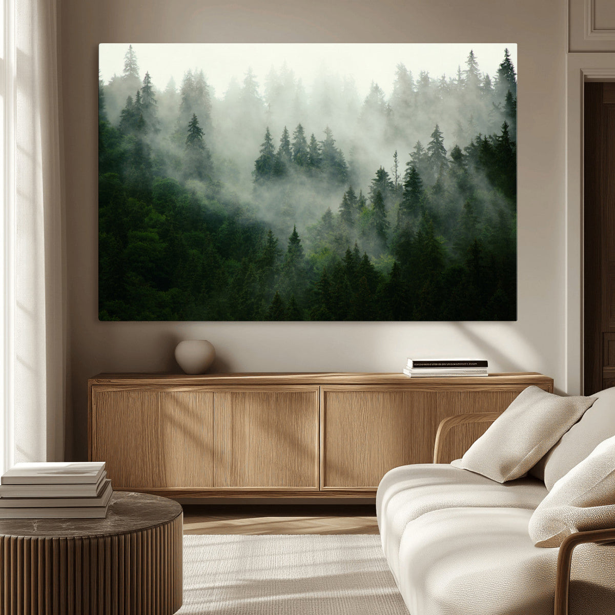 Misty Forest Wall Art | Tranquil Green Woodland Canvas Print