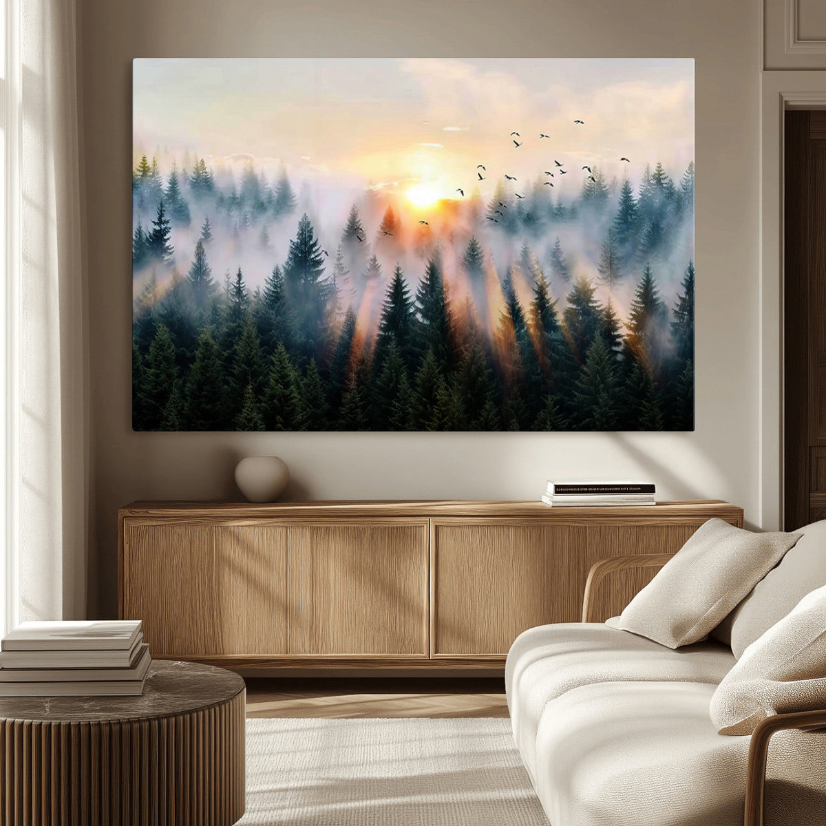 Abstract Forest Wall Art, Serene Nature Canvas Print with Misty Forest Design for Modern Home Decor