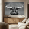 Texas Longhorn Wall Art Canvas Print, Framed Western Bull Photography, Rustic Log Cabin Decor