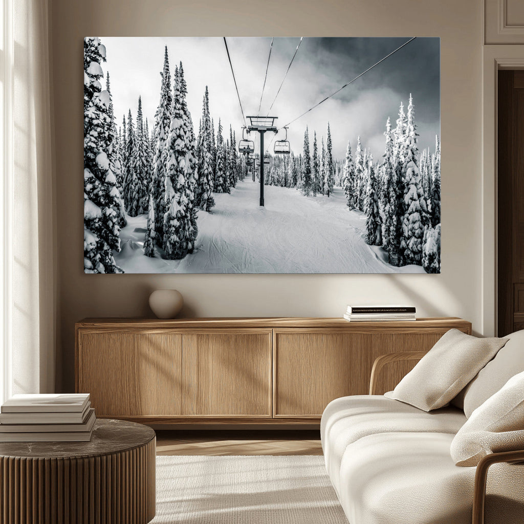 Snowy Pines Wall Art Canvas Print | Ski Lift in a Winter Forest