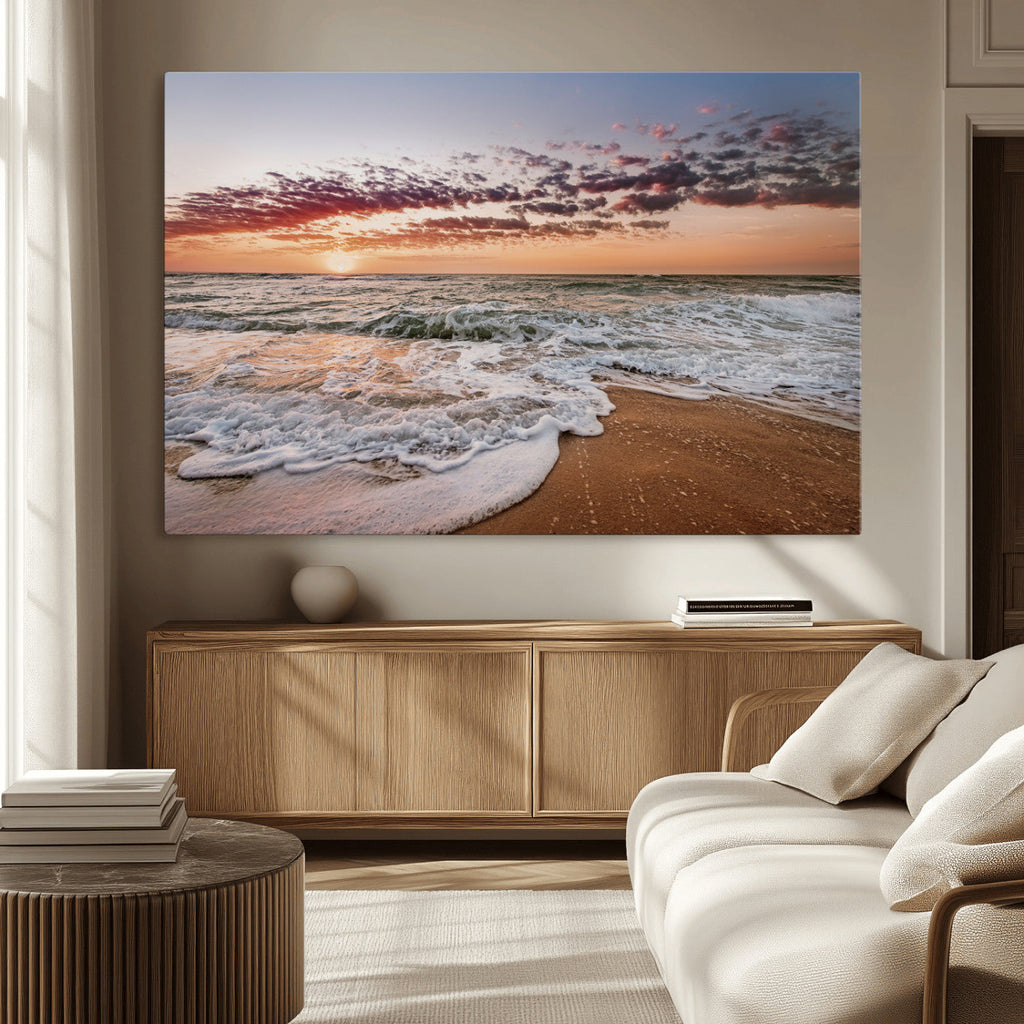 Ocean Sunset Wall Art Canvas Print | Sandy Shore and Gentle Waves