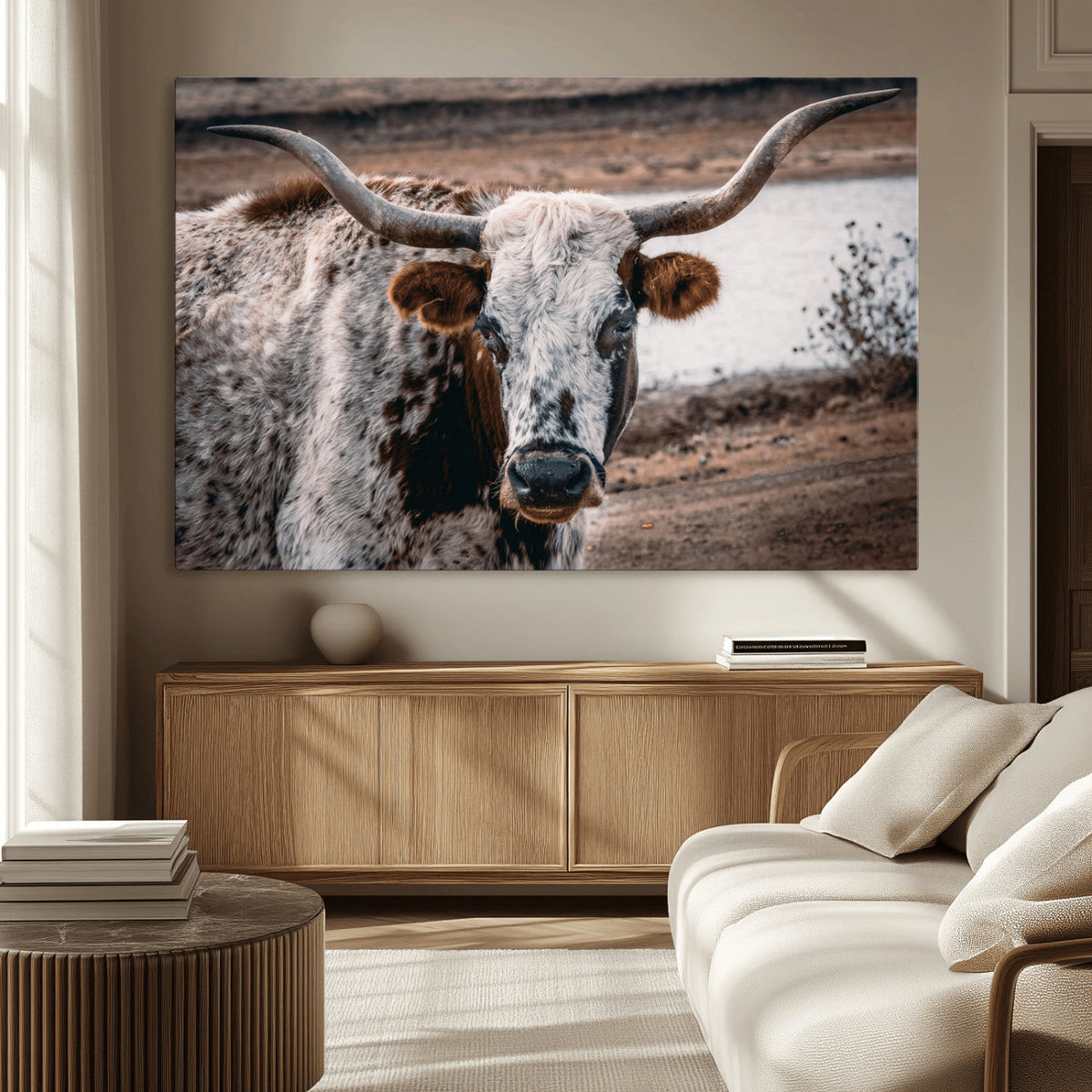 Texas Longhorn Wall Art Canvas Print | Framed Brown and White Spotted Longhorn