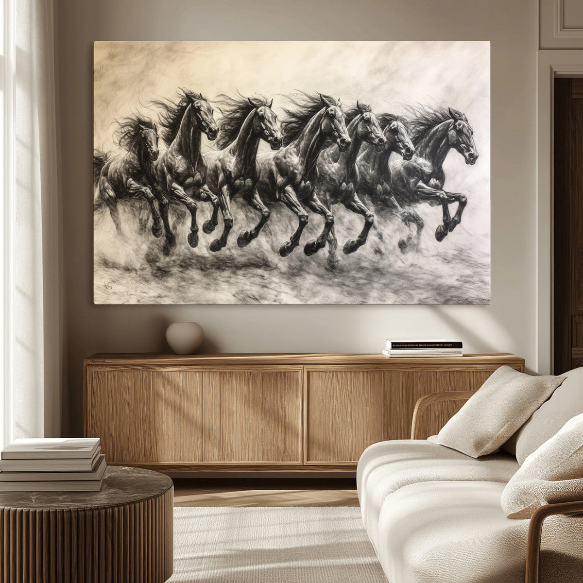 Running Horses Wall Art Canvas Print, Framed Monochrome Galloping Herd Sketch