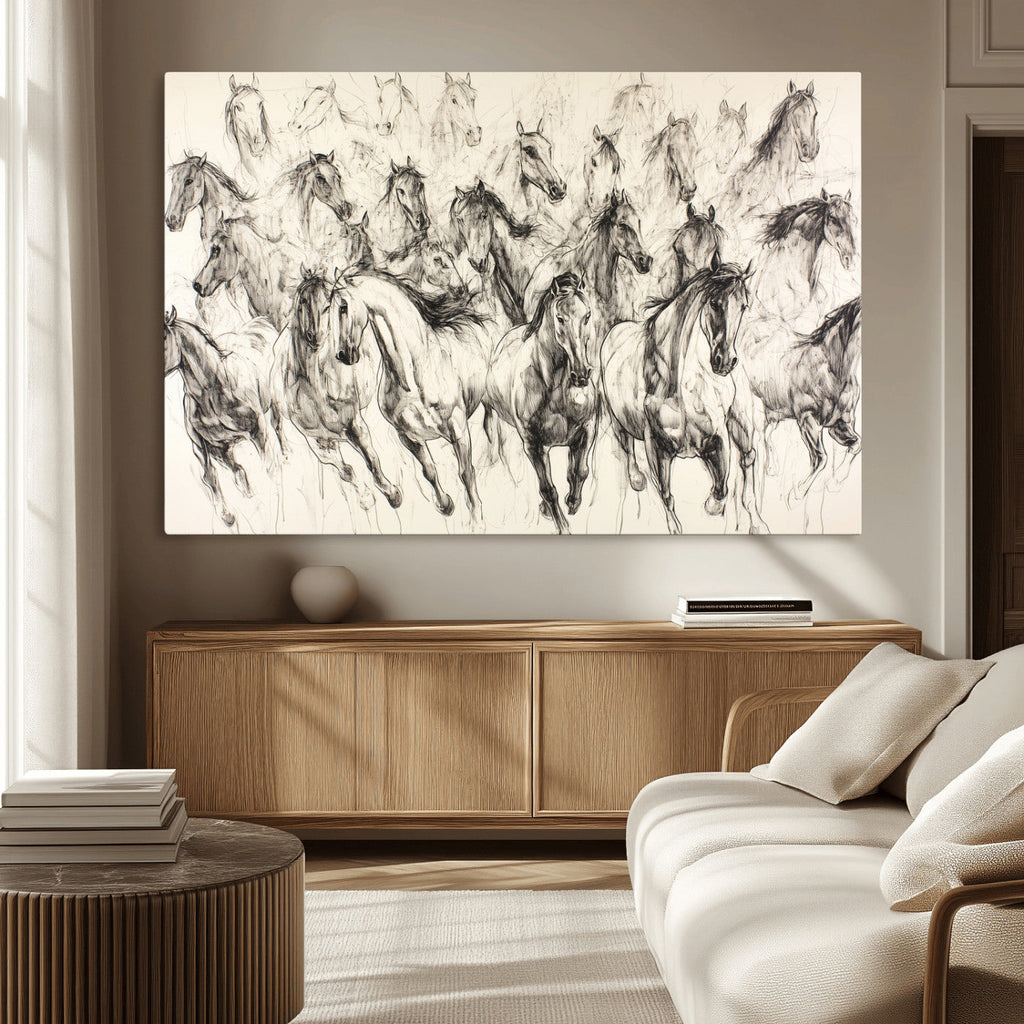 Abstract Horse Wall Art Canvas Print, Framed Horse Sketch with Galloping Herd