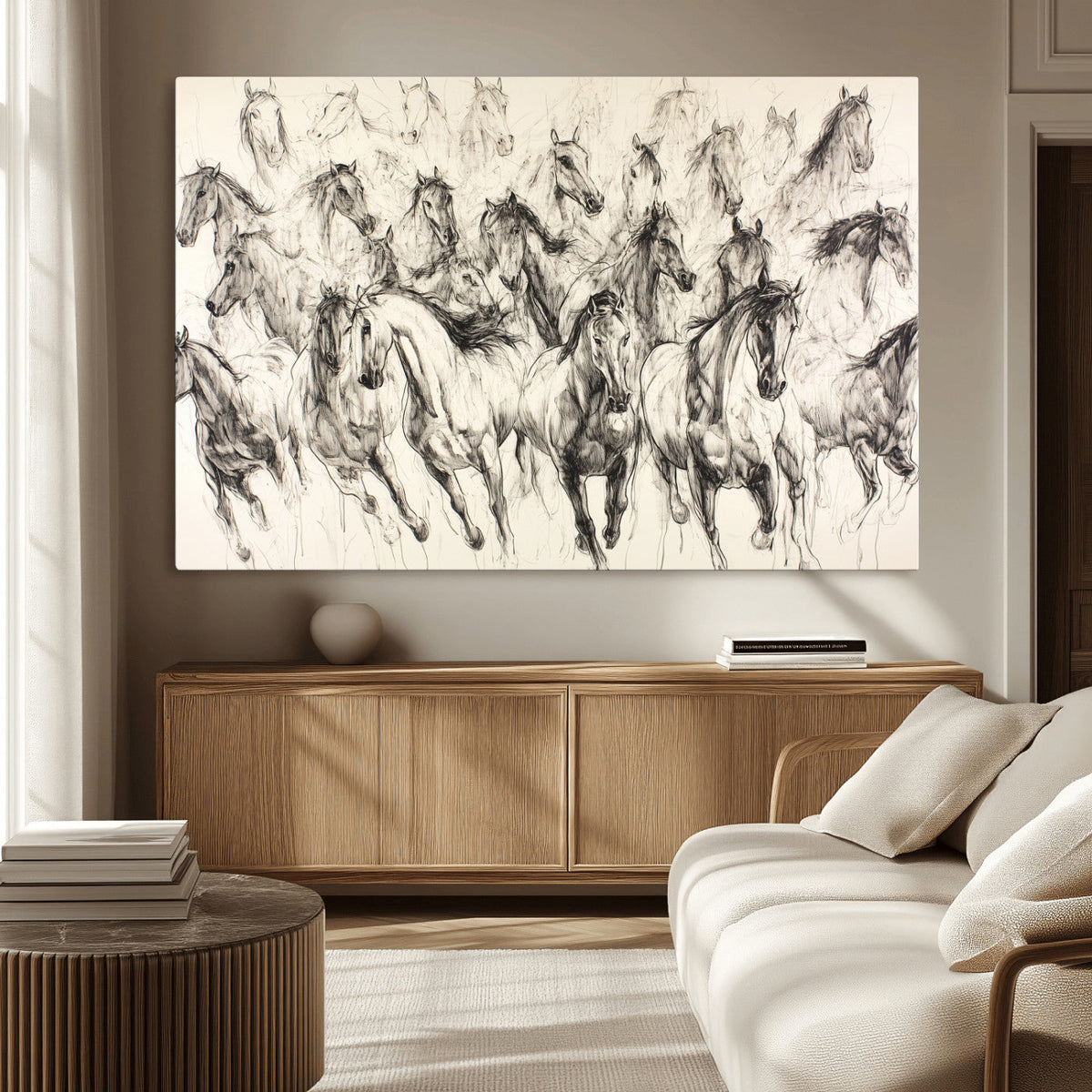 Abstract Horse Wall Art Canvas Print, Framed Horse Sketch with Galloping Herd