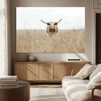 Texas Longhorn Wall Art Canvas Print, Framed Lone Cattle and Longhorn Bull Scene