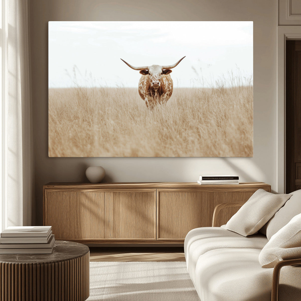 Texas Longhorn Wall Art Canvas Print, Framed Lone Cattle and Longhorn Bull Scene