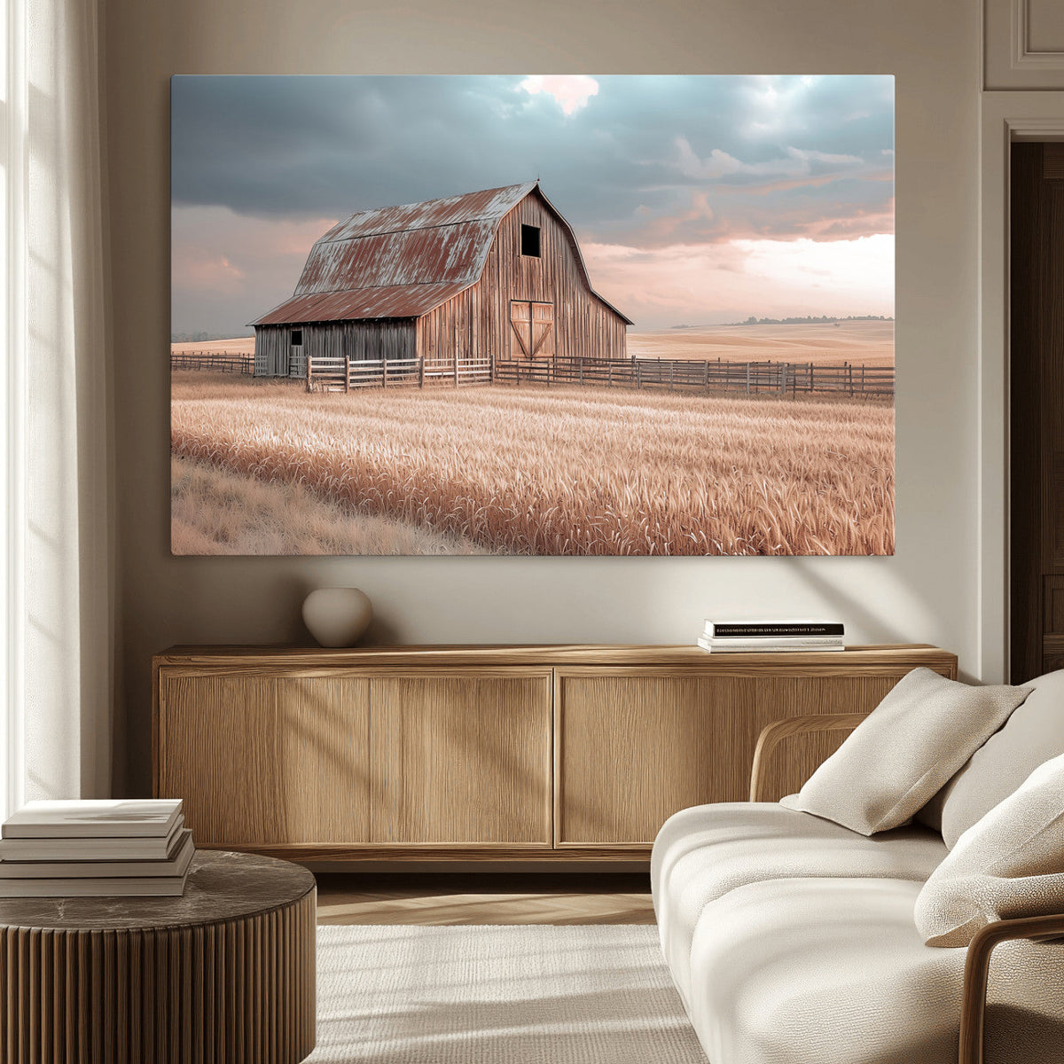 Rustic Barn Wall Art Canvas Print, Framed Wheat Field Scene
