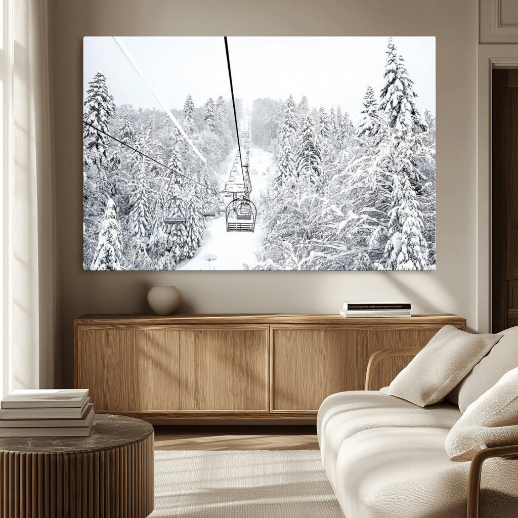Snowy Ski Lift Wall Art | Framed Winter Mountain Canvas
