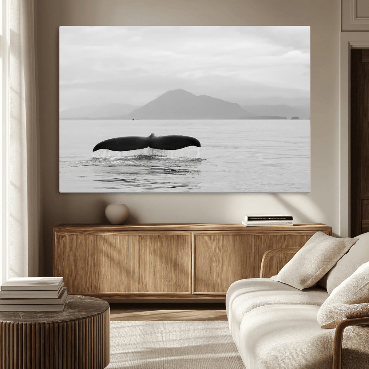 Whale Tail Wall Art | Framed Black White Ocean Canvas