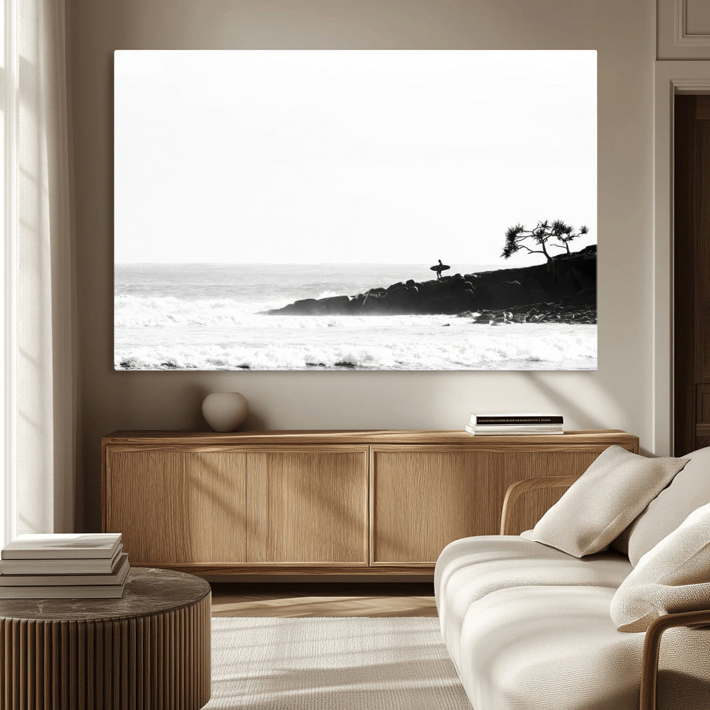 Surfer Cliffs Wall Art Canvas Print, Framed Black White Beach and Ocean Waves