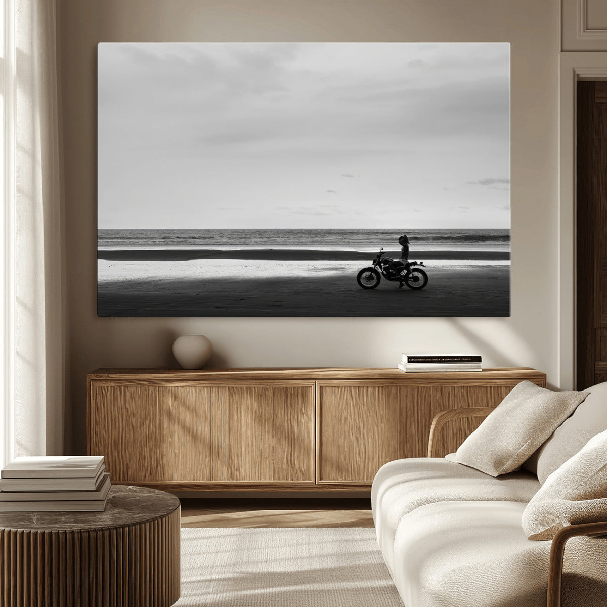 Motorcycle Beach Wall Art Canvas Print, Framed Vintage Motorcycle and Biker Silhouette