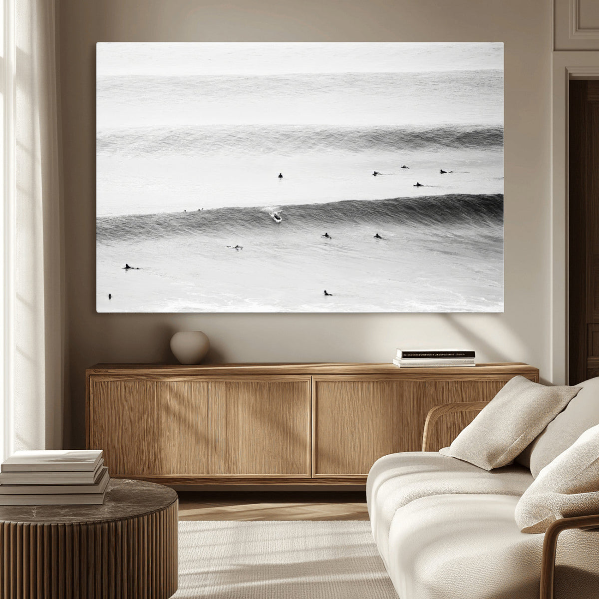 Black White Ocean Wall Art Canvas Print, Framed Coastal Sport and Ocean Swimmers Scene