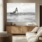 Black and White Surfing Wall Art Canvas Print, Framed Ocean Horizon Surfer Girl