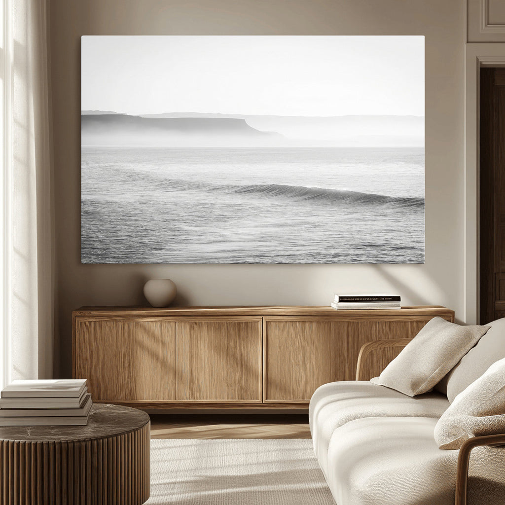 Black and White Seascape Wall Art Canvas Print, Framed Misty Ocean Waves