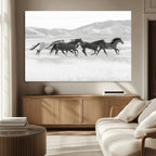 Wild Horses Running Wall Art Canvas Print, Framed Black White Mustangs Artwork
