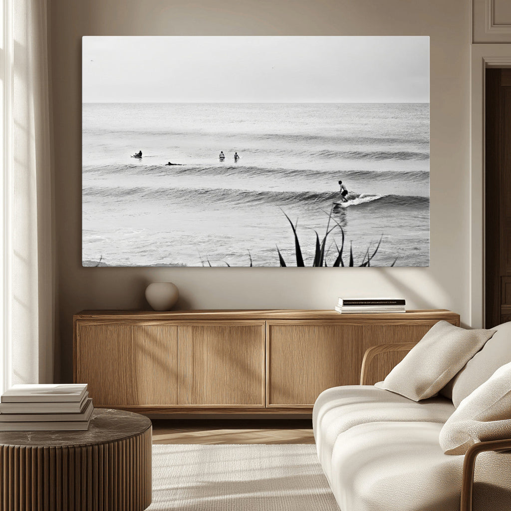 Surfer Silhouette Wall Art Canvas Print, Framed Calm Ocean Monochrome Surf