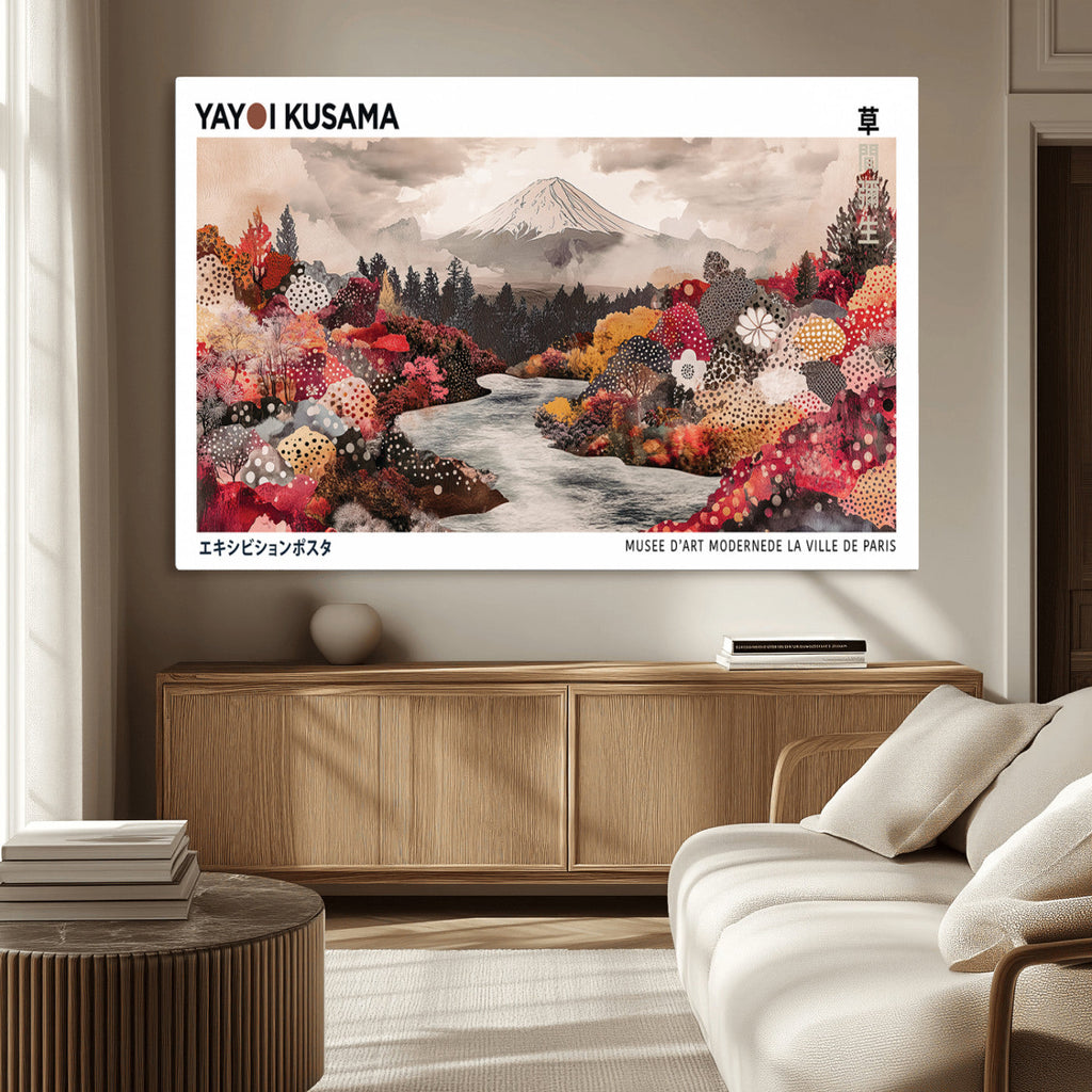 Modern Japanese Wall Art Canvas Print, Framed Abstract Mount Fuji Art, Yayoi Kusama Japanese Landscape