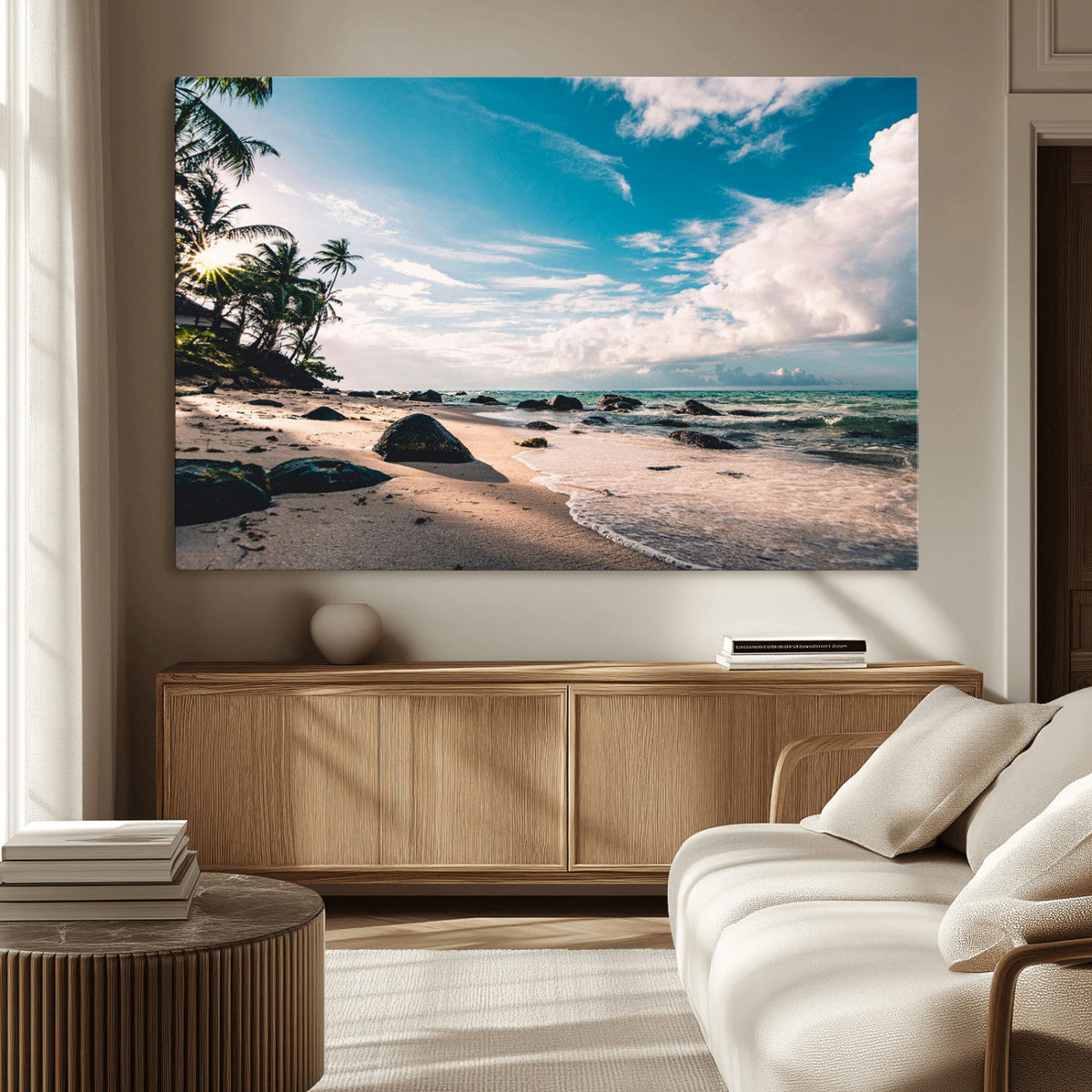 Tropical Beach Wall Art Canvas Print, Framed Ocean Waves Relaxing Seascape