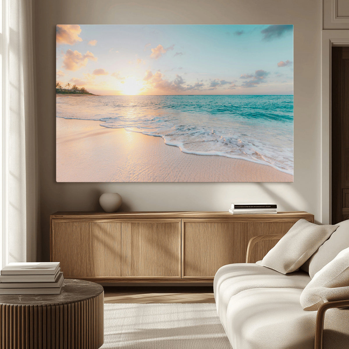 Beach Sunset Wall Art Canvas Print, Framed Ocean Waves Summer Escape