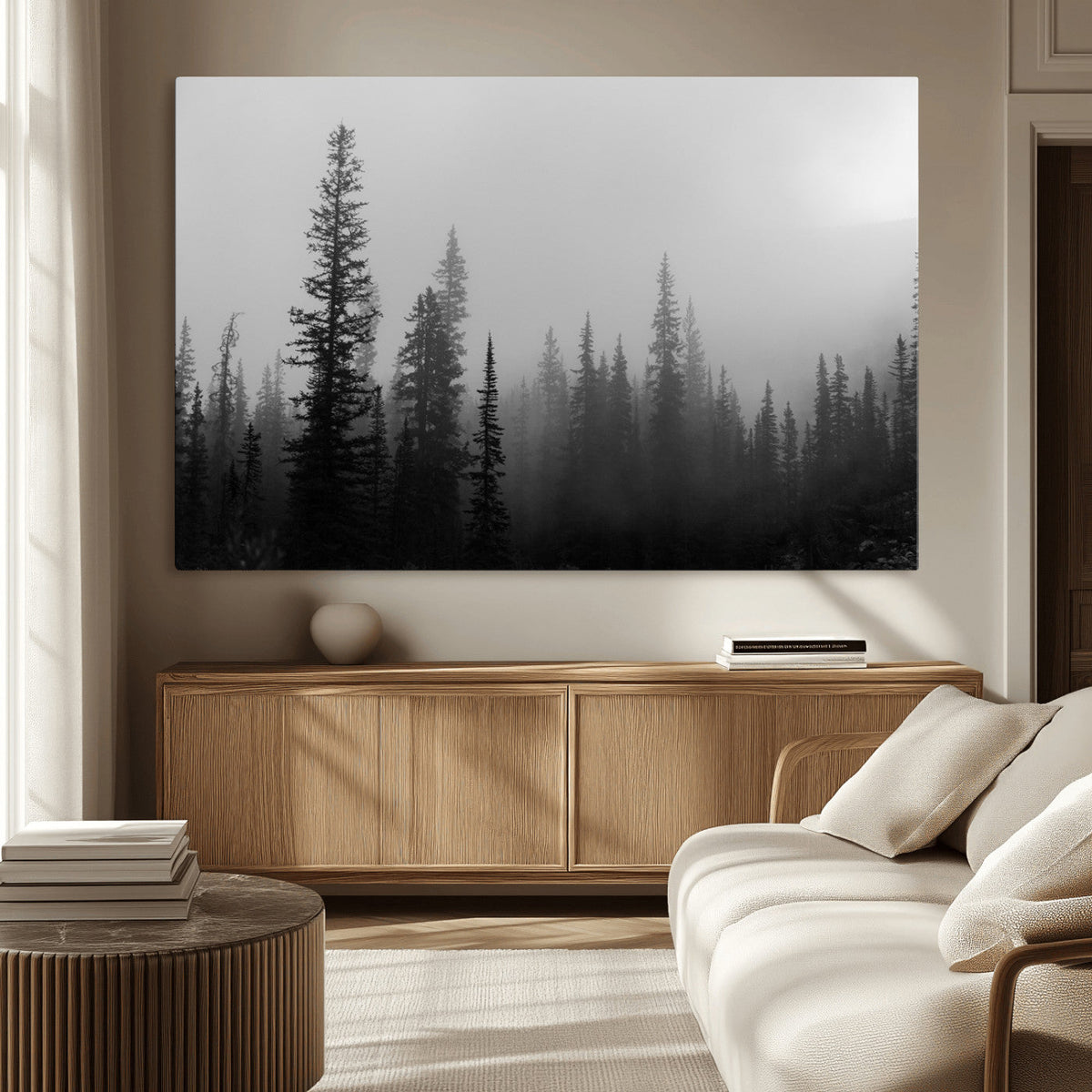 Misty Pines Wall Art Canvas Print, Framed Woodland Minimalist Black and White