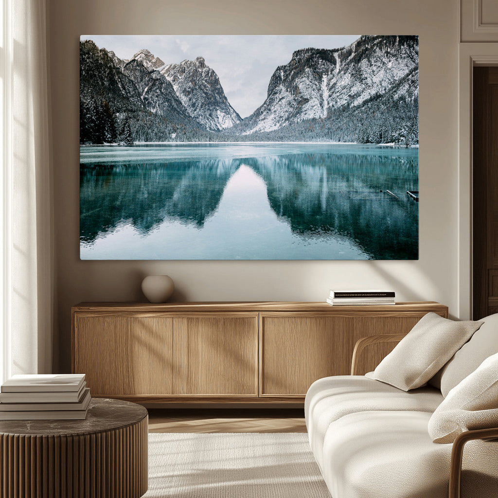Mountain Lake Wall Art Canvas Print, Framed Toblacher See Winter Wonderland