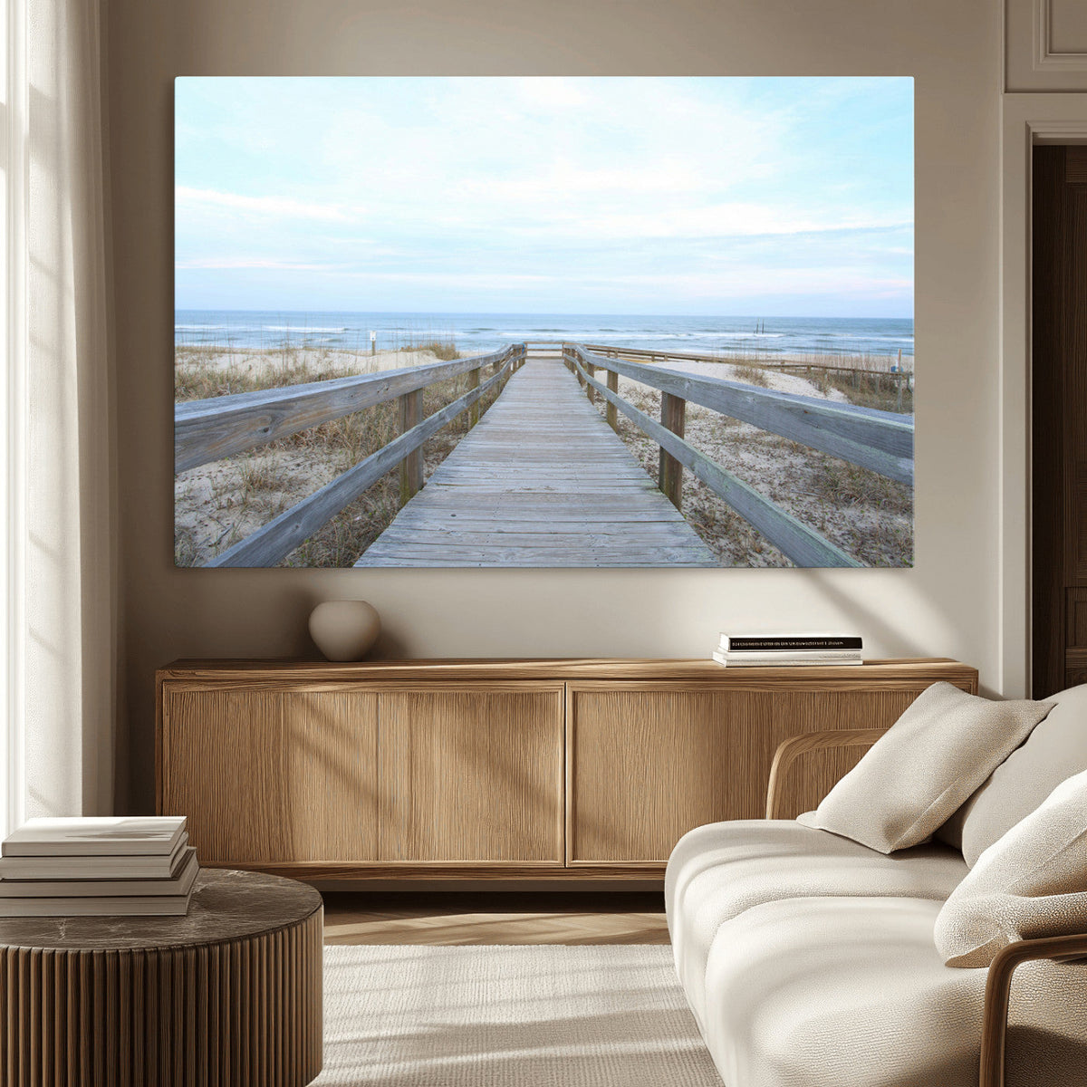 Beach Boardwalk Wall Art Canvas Print, Framed Coastal Serenity Ocean View