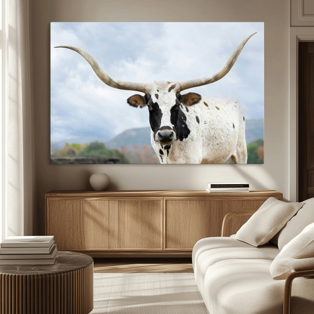 Texas Longhorn Wall Art Canvas Print, Framed Western Rustic Farmhouse