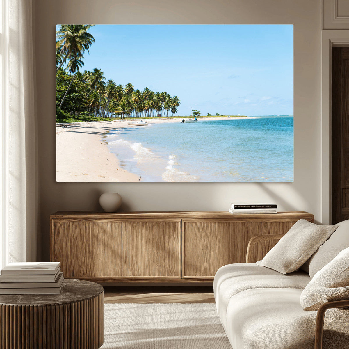 Palm Tree Coast Wall Art Canvas Print, Framed Island Getaway with Crystal Blue Water