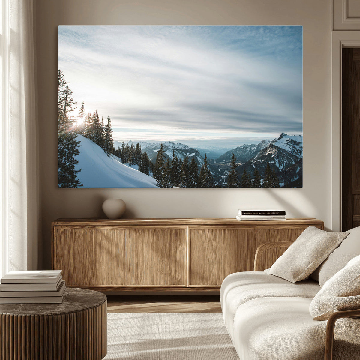 Snowy Mountains Wall Art Canvas Print, Framed Alpine Landscape Frosty Peaks Artwork
