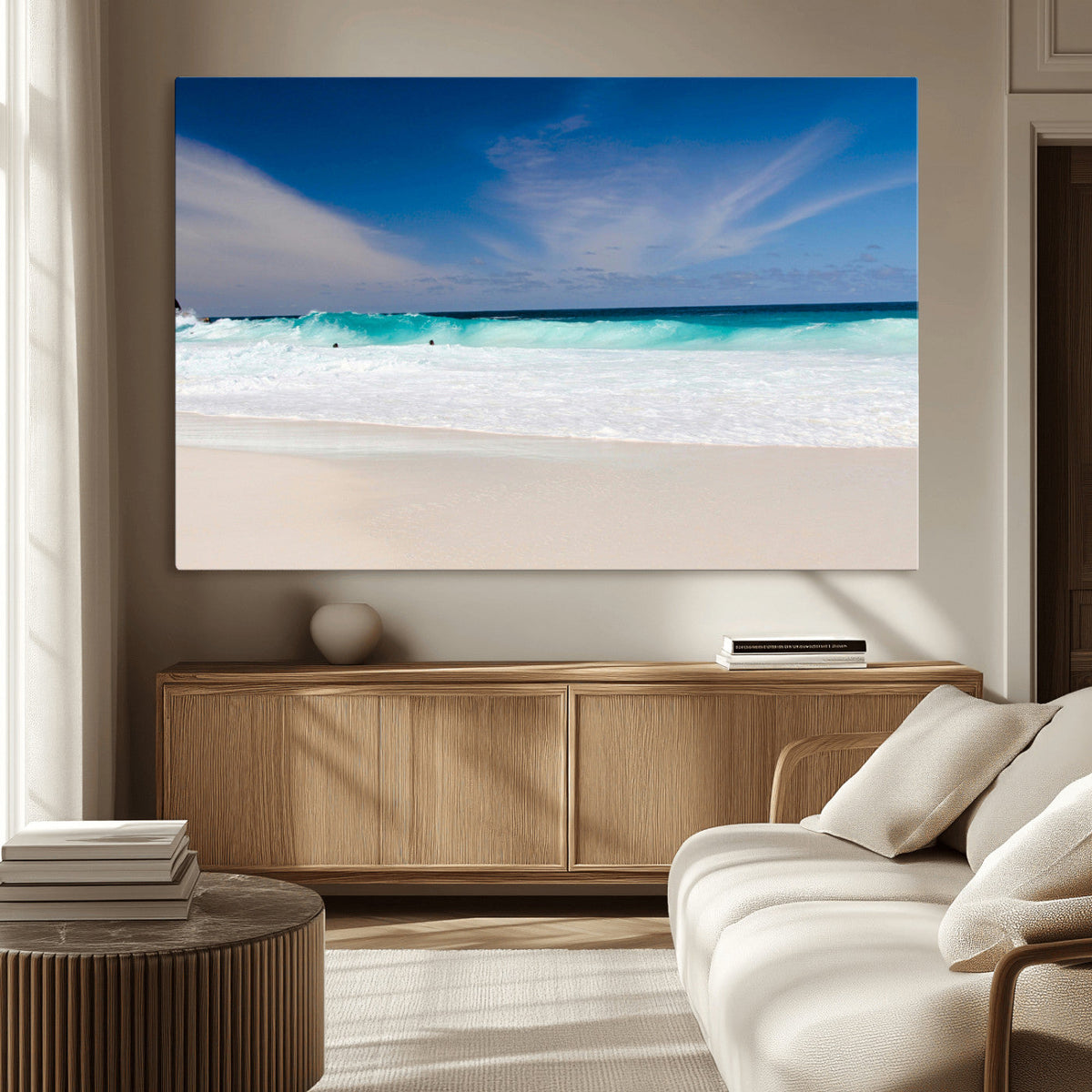 Ocean Breeze Wall Art Canvas Print, Aqua Waves and Coastal Horizon Under a Blue Sky