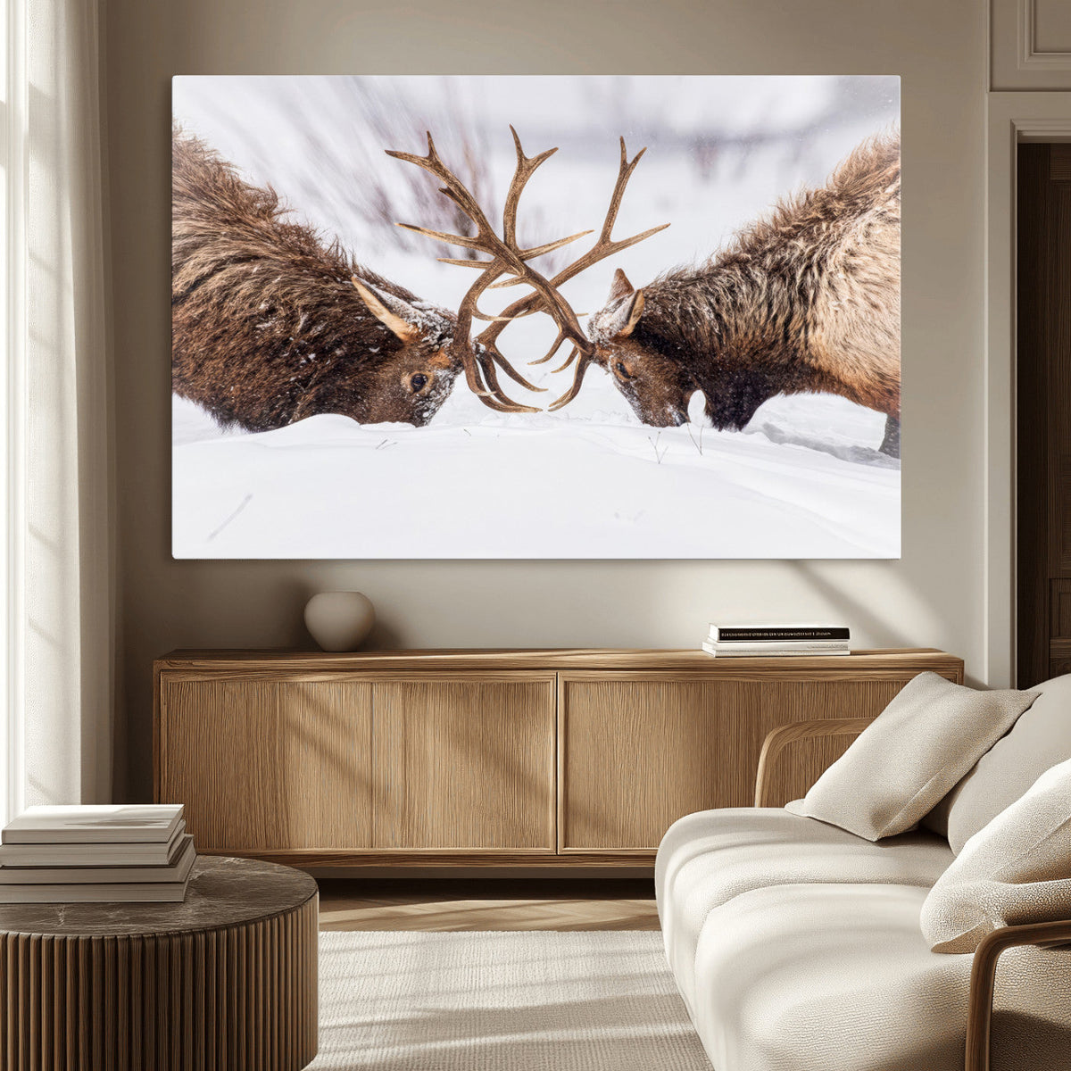 Dramatic Elk Antler Battle Wall Art Canvas Print, Snowy Wildlife Scene