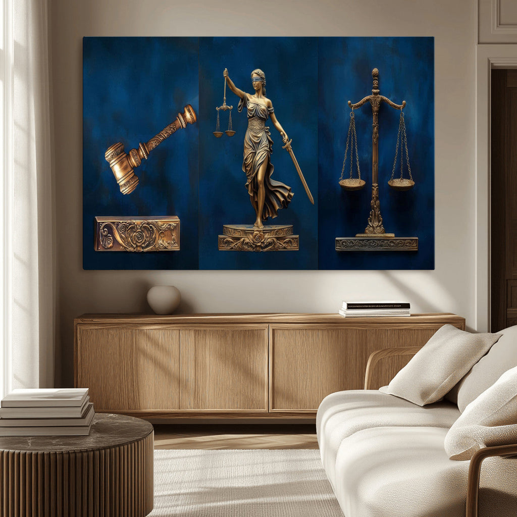 Lady Justice Wall Art Canvas Print, Elegant Gold Legal Symbols on Blue, Law Office Decor