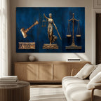 Lady Justice Wall Art Canvas Print, Elegant Gold Legal Symbols on Blue, Law Office Decor