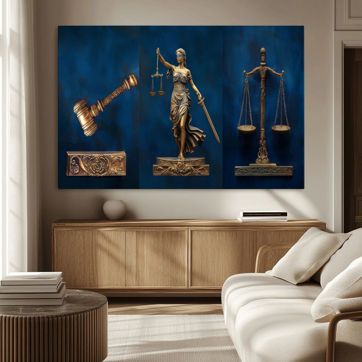 Lady Justice Wall Art Canvas Print, Elegant Gold Legal Symbols on Blue, Law Office Decor