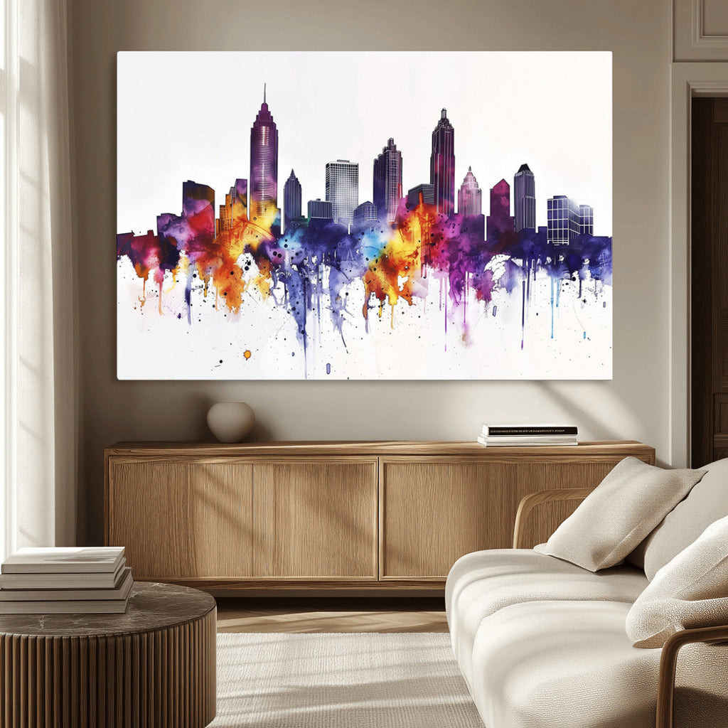Atlanta Skyline Wall Art Canvas Print, Framed Colorful Watercolor Cityscape